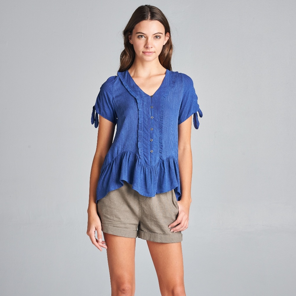 Navy Ruffle Button-Front Top